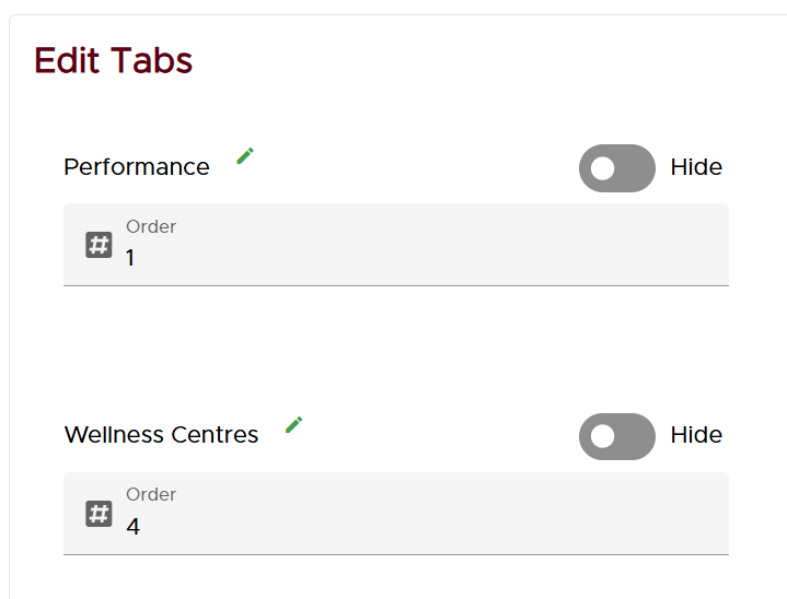 An illustration of the default tab order for Performance & Wellness Centres